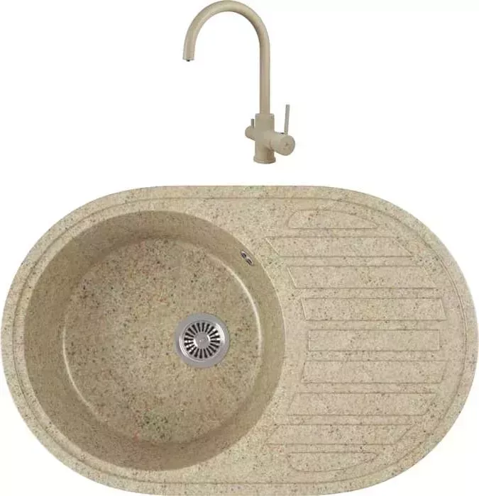 Мойка кухонная и смеситель GREENSTONE и смеситель GRS-18L-302 Kaiser Merkur R 26744-16 с сифоном, песочный