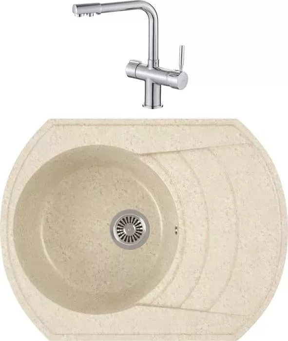 Мойка кухонная и смеситель GREENSTONE и смеситель GRS-65-328 Haiba HB70088 с сифоном, бежевая