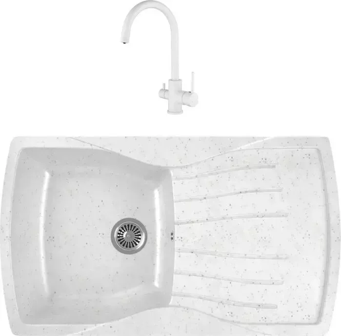Мойка кухонная и смеситель GREENSTONE и смеситель GRS-22-331 Kaiser Merkur 26744-4 с сифоном, белая