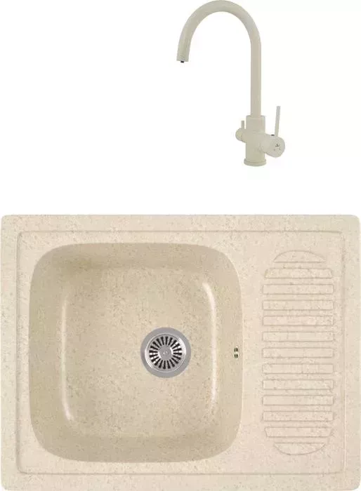 Мойка кухонная и смеситель GREENSTONE и смеситель GRS-13-328 Kaiser Merkur 26044-16 с сифоном, бежевая