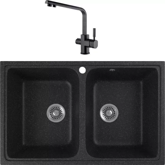Мойка кухонная и смеситель GREENSTONE и смеситель GRS-15-308 Kaiser Decor 40144-2 с сифоном, черная