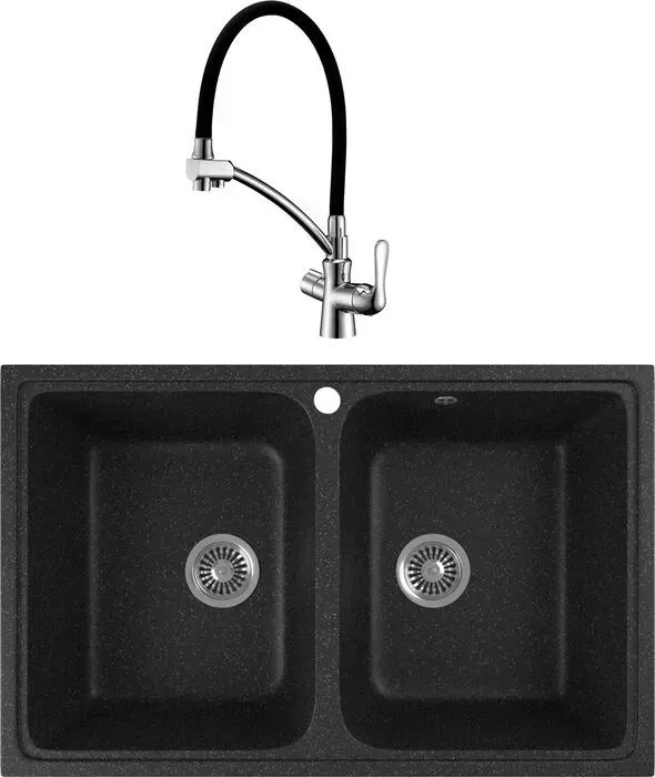 Мойка кухонная и смеситель GREENSTONE и смеситель GRS-15-308 Lemark Comfort LM3070C с сифоном, черная