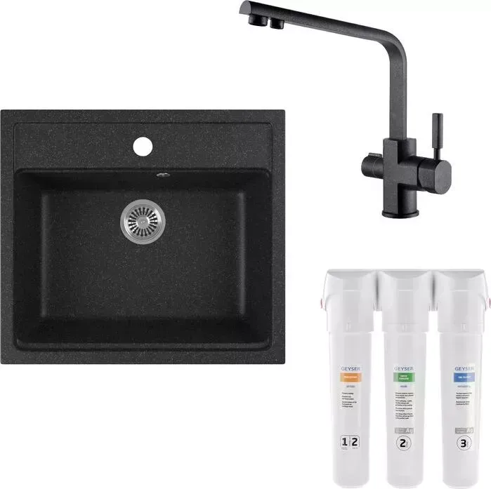 Мойка кухонная и смеситель GREENSTONE и смеситель GRS-06-308 Kaiser Decor 40144-2 с фильтром Гейзер Смарт, черная