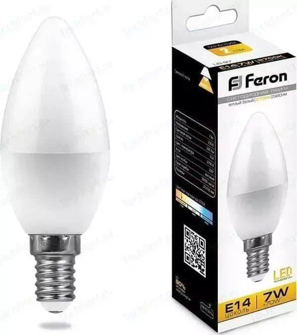 Лампа светодиодная FERON LB-97 25475 E14 7W 2700K Свеча Матовая
