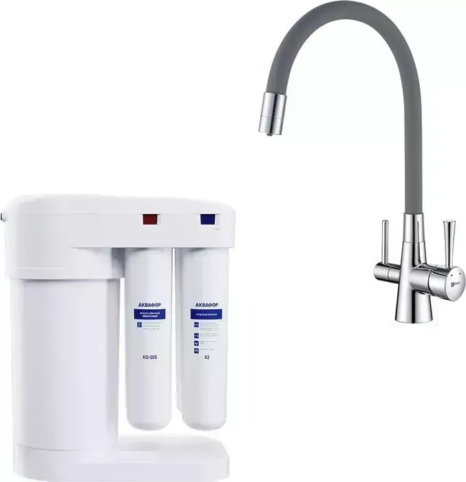 Смеситель для кухни LEMARK Comfort с фильтром обратного осмоса Аквафор Морион, хром/серый (LM3075C-Gray, DWM-101S)