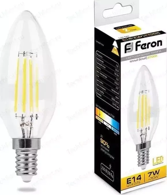 Лампа светодиодная FERON филаментная LB-66 25726 E14 7W 2700K Свеча Прозрачная