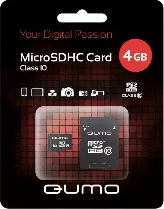 Карта памяти QUMO MicroSDHC 4GB Class10 (+ адаптер)