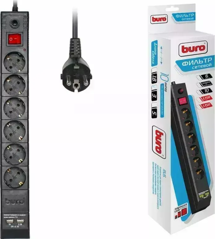 Сетевой фильтр BURO BU-SP3_USB_2A-B 3м, 6 розеток, черный