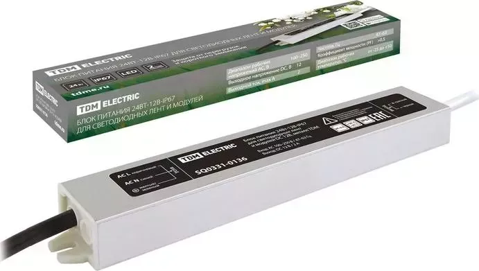 Блок питания TDM ELECTRIC 24W-12V-IP67 для светодиодных лент и модулей DC 12В, металл TDM
