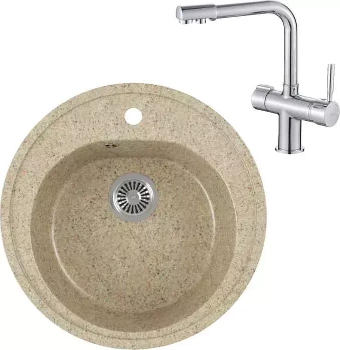 Мойка кухонная и смеситель GREENSTONE и смеситель GRS-08-302 Haiba HB70088 с сифоном, песочная
