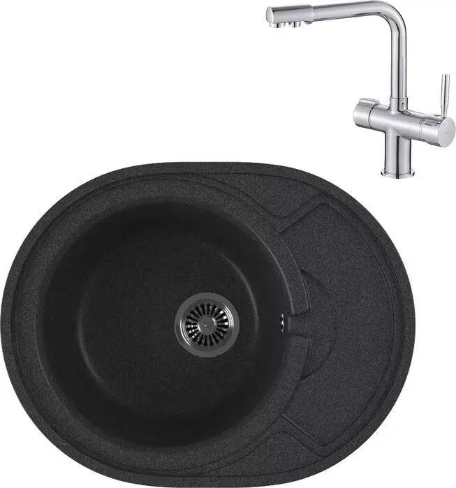Мойка кухонная и смеситель GREENSTONE и смеситель GRS-18k-343 Haiba HB70088 с сифоном, антрацит