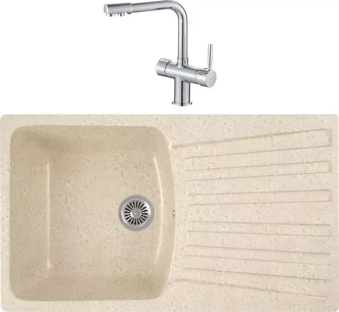 Мойка кухонная и смеситель GREENSTONE и смеситель GRS-12-328 Haiba HB70088 с сифоном, бежевая