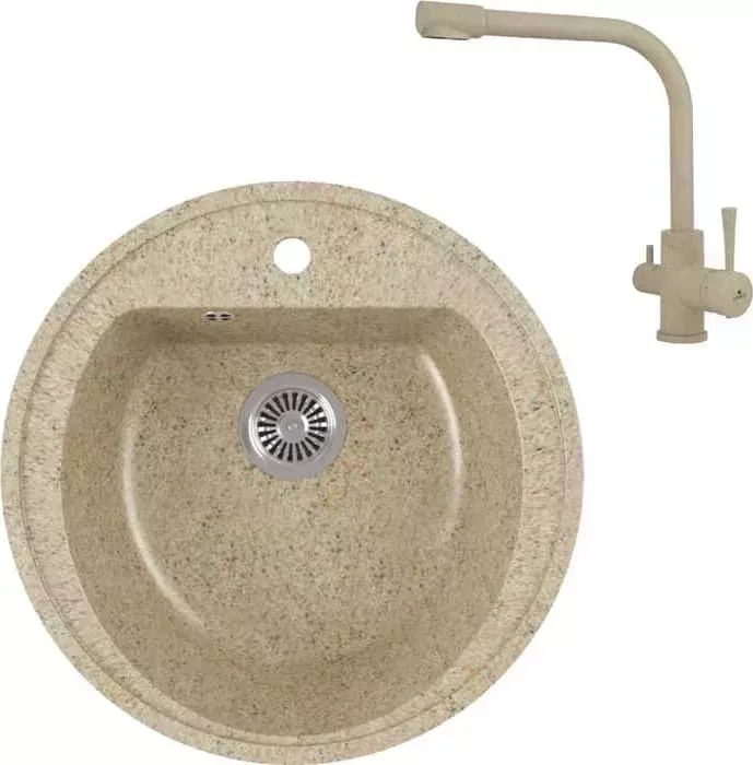Мойка кухонная и смеситель GREENSTONE и смеситель GRS-07-302 Kaiser Merkur 26044-16 с сифоном, песочная