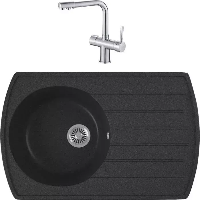 Мойка кухонная и смеситель GREENSTONE и смеситель GRS-23-343 Haiba HB70088 с сифоном, антрацит