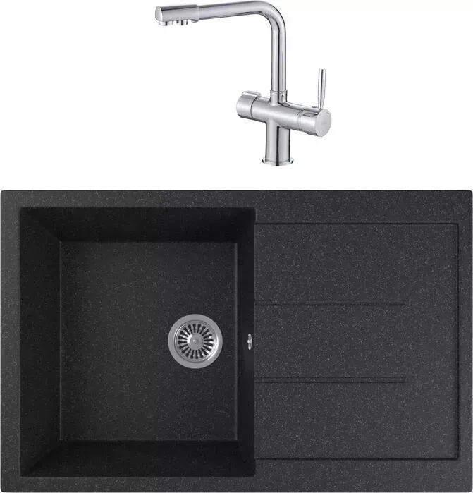 Мойка кухонная и смеситель GREENSTONE и смеситель GRS-25-308 Haiba HB70088 с сифоном, черная