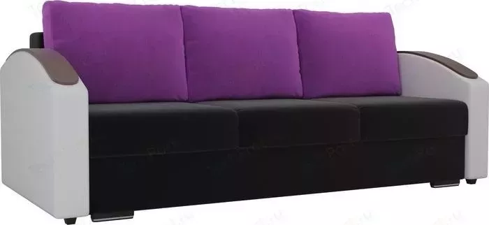 Диван Лига Диванов Монако slide микровельвет черный подлоктники экокожа белые подушки микровельвет фиолетовые