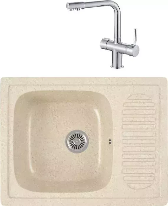 Мойка кухонная и смеситель GREENSTONE и смеситель GRS-13-328 Haiba HB70088 с сифоном, бежевая