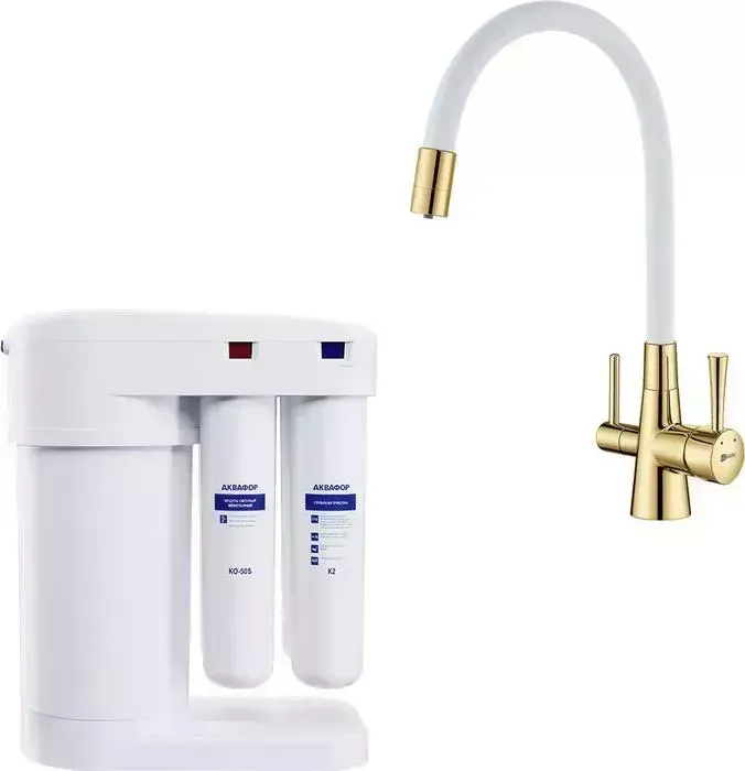 Смеситель для кухни LEMARK Comfort с фильтром обратного осмоса Аквафор Морион, золото/белый (LM3075G-White, DWM-101S)