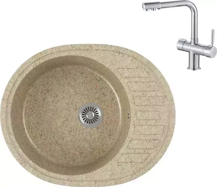 Мойка кухонная и смеситель GREENSTONE и смеситель GRS-62-302 Haiba HB70088 с сифоном, песочный