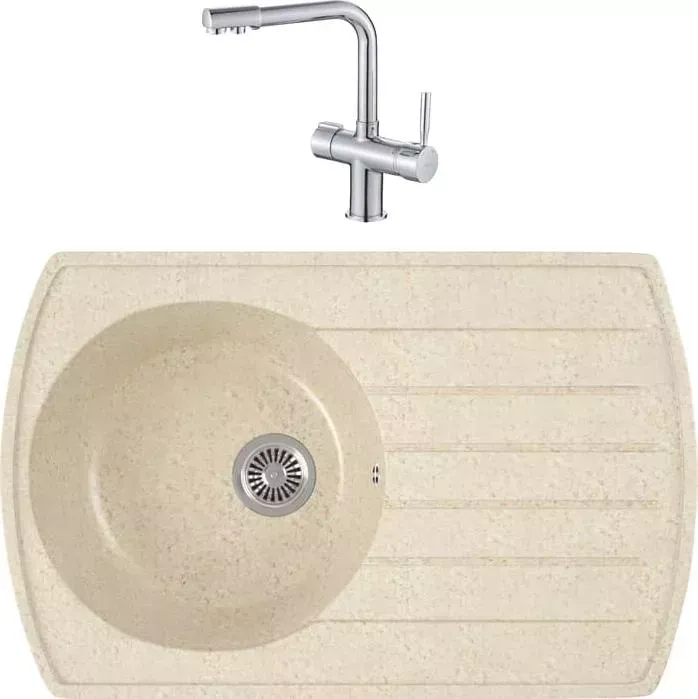 Мойка кухонная и смеситель GREENSTONE и смеситель GRS-23-328 Haiba HB70088 с сифоном, бежевая