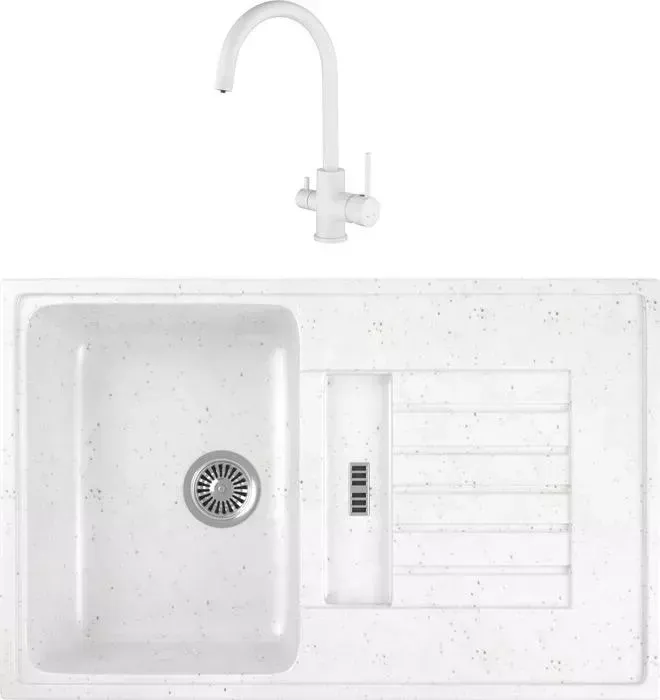 Мойка кухонная и смеситель GREENSTONE и смеситель GRS-24-331 Kaiser Merkur 26744-4 с сифоном, белая