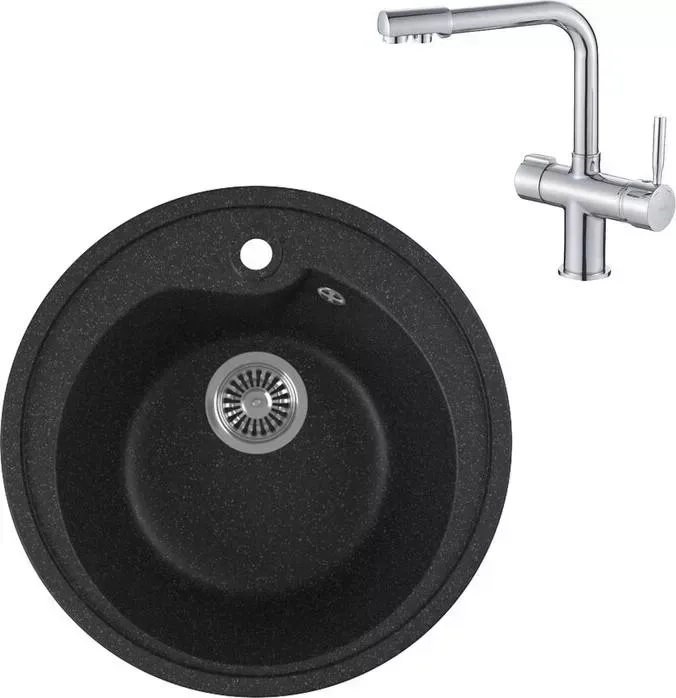 Мойка кухонная и смеситель GREENSTONE и смеситель GRS-45-308 Haiba HB70088 с сифоном, черная