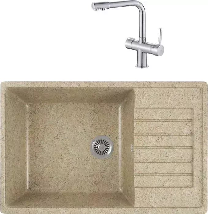 Мойка кухонная и смеситель GREENSTONE и смеситель GRS-78L-302 Haiba HB70088 с сифоном, песочный