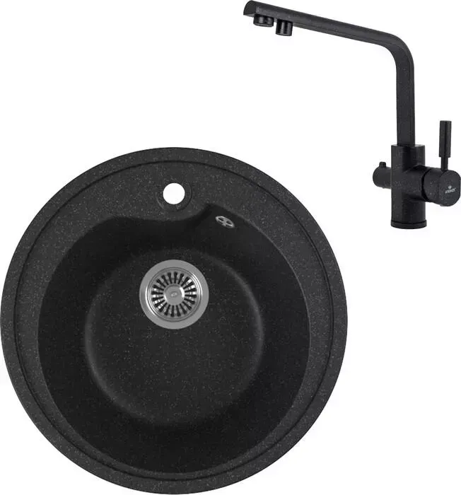 Мойка кухонная и смеситель GREENSTONE и смеситель GRS-45-308 Kaiser Deco 40144-2 с сифоном, черная