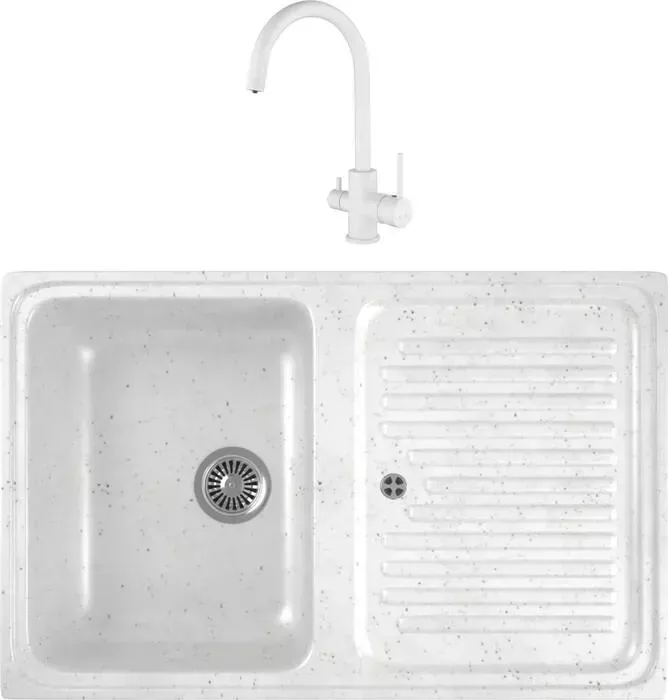 Мойка кухонная и смеситель GREENSTONE и смеситель GRS-78-331 Kaiser Merkur 26744-4 с сифоном, белая