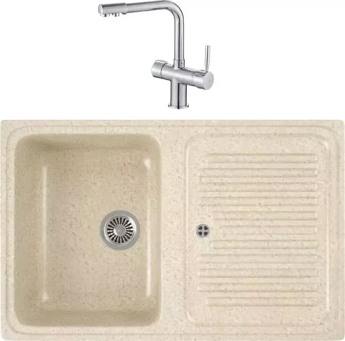 Мойка кухонная и смеситель GREENSTONE и смеситель GRS-78-328 Haiba HB70088 с сифоном, бежевая