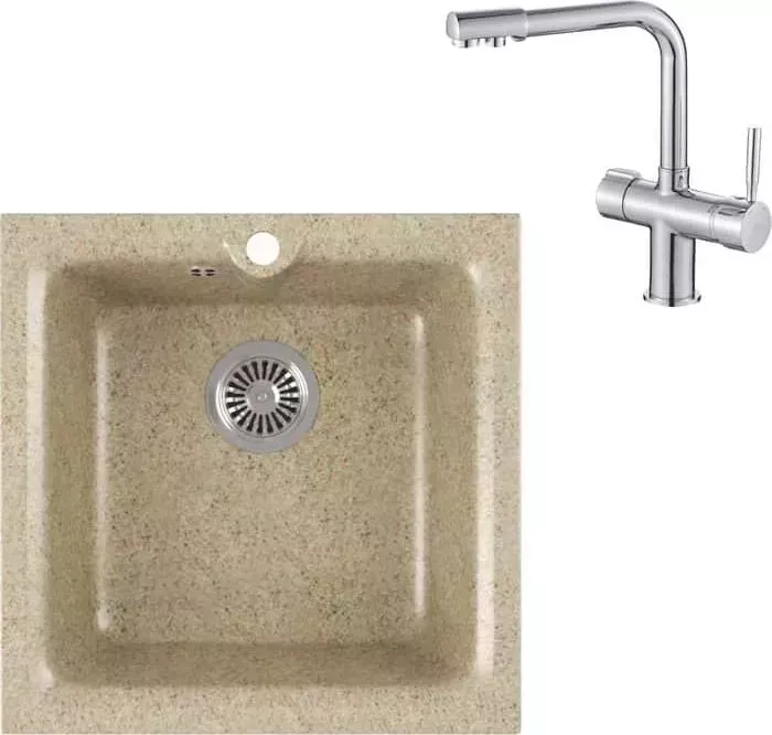 Мойка кухонная и смеситель GREENSTONE и смеситель GRS-42-302 Haiba HB70088 с сифоном, песочный