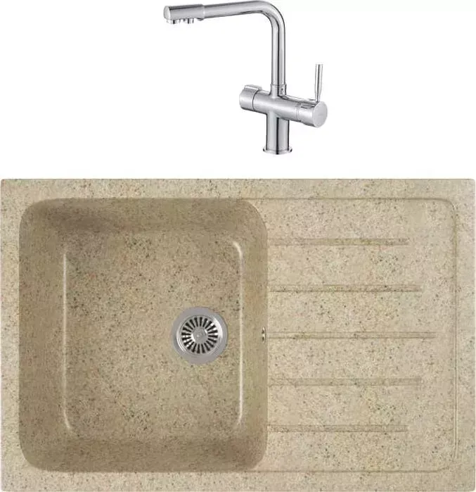 Мойка кухонная и смеситель GREENSTONE и смеситель GRS-76-302 Haiba HB70088 с сифоном, песочная