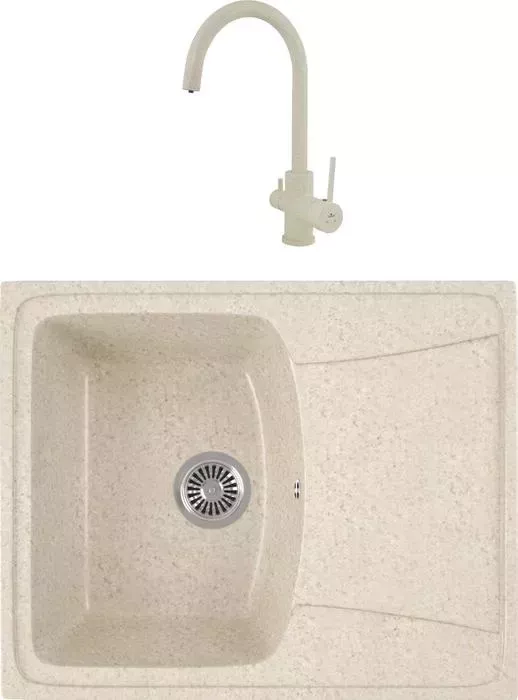 Мойка кухонная и смеситель GREENSTONE и смеситель GRS-17K-328 Kaiser Merkur R 26744-11 с сифоном, бежевая