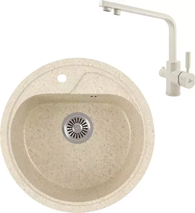 Мойка кухонная и смеситель GREENSTONE и смеситель GRS-04-328 Kaiser Decor 40144-11 с сифоном, бежевая