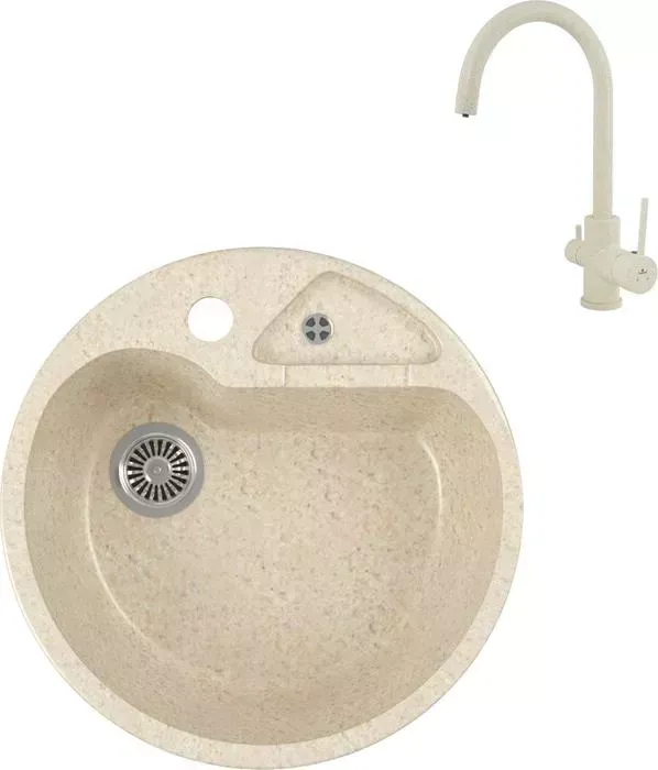 Мойка кухонная и смеситель GREENSTONE и смеситель GRS-08K-328 Kaiser Merkur R 26744-11 с сифоном, бежевая