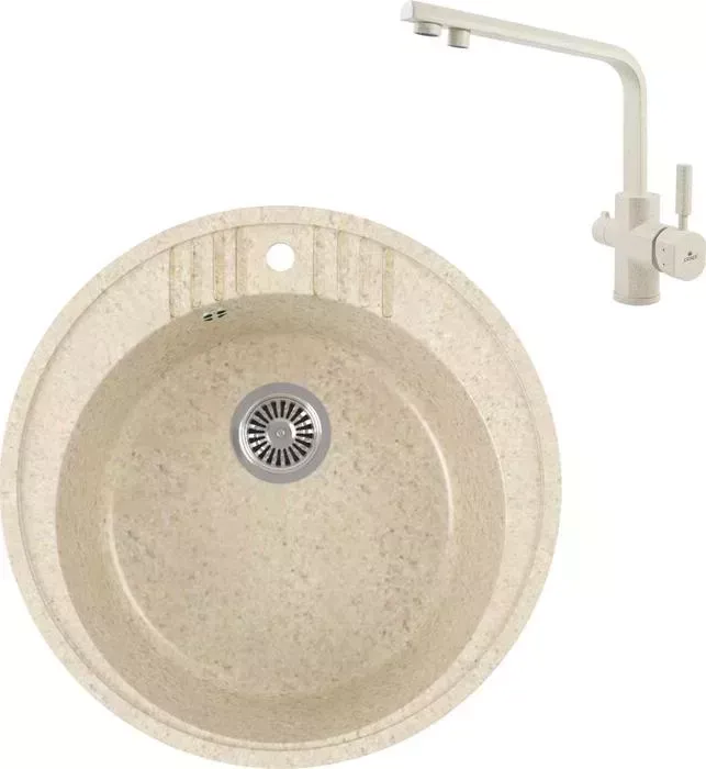 Мойка кухонная и смеситель GREENSTONE и смеситель GRS-05s-328 Kaiser Decor 40144-11 с сифоном, бежевая