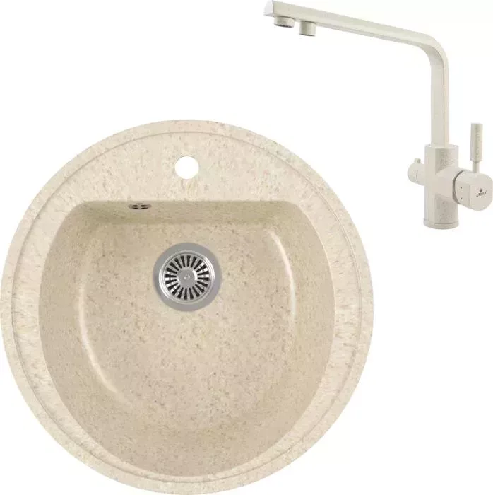 Мойка кухонная и смеситель GREENSTONE и смеситель GRS-07-328 Kaiser Decor 40144-11 с сифоном, бежевая