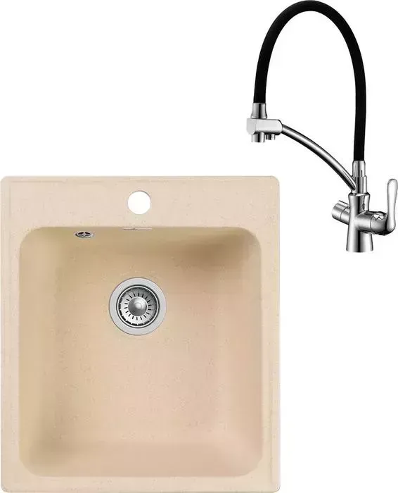 Мойка кухонная и смеситель GranFest и смеситель Quarz GF-Z17, Lemark Comfort LM3070C с сифоном, бежевая