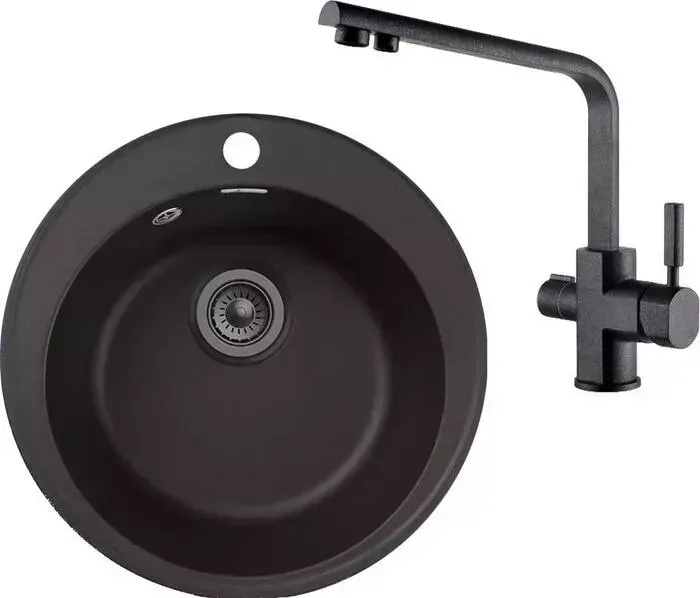 Мойка кухонная и смеситель GranFest и смеситель Quarz GF-Z08, Kaiser Decor 40144-2 с сифоном, черная
