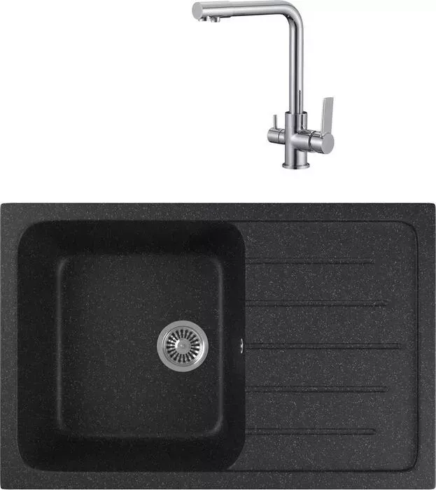 Мойка кухонная и смеситель GREENSTONE и смеситель GRS-76-308 РМС SL130-015F с сифоном, черная