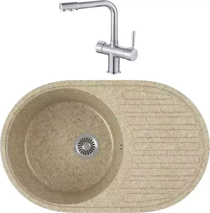 Мойка кухонная и смеситель GREENSTONE и смеситель GRS-18-302 Haiba HB70088 с сифоном, песочная