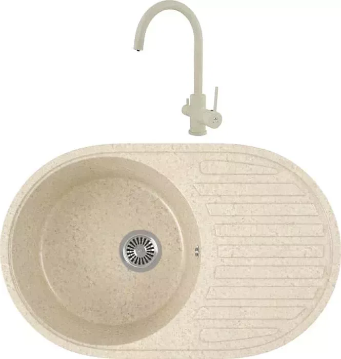 Мойка кухонная и смеситель GREENSTONE и смеситель GRS-18-328 Kaiser Merkur R 26744-11 с сифоном, бежевая