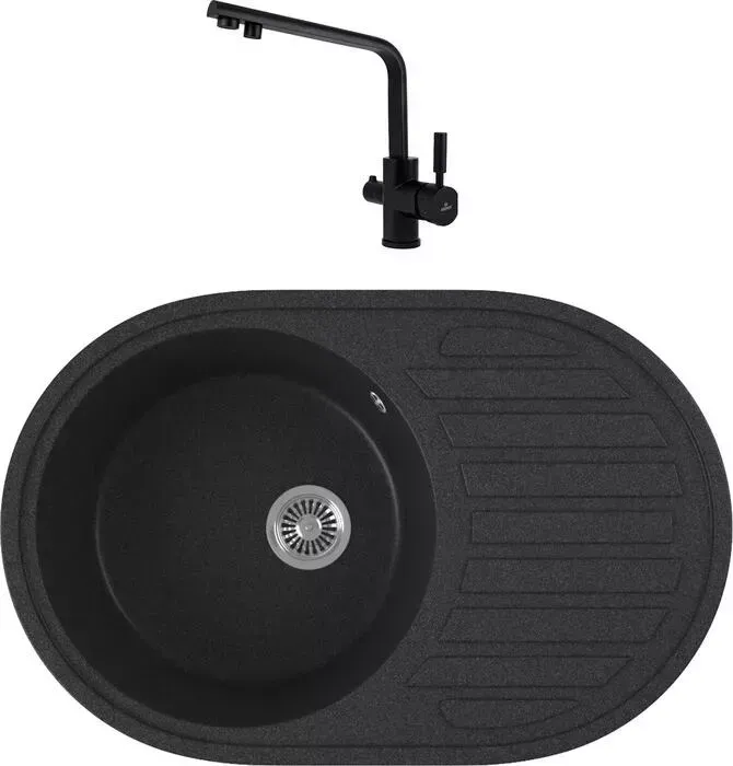 Мойка кухонная и смеситель GREENSTONE и смеситель GRS-18L-343 Kaiser Decor 40144-9 с сифоном, антрацит