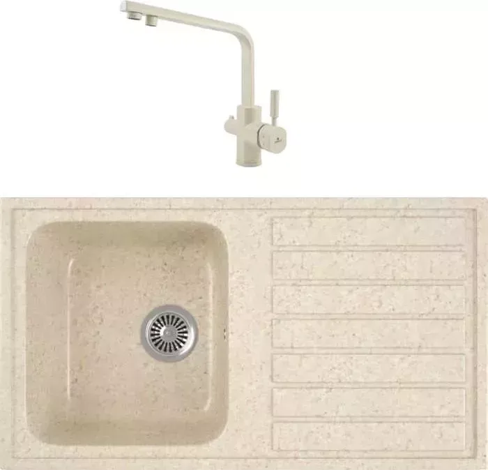 Мойка кухонная и смеситель GREENSTONE и смеситель GRS-20-328 Kaiser Decor 40144-11 с сифоном, бежевая