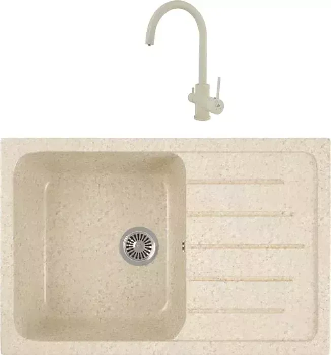 Мойка кухонная и смеситель GREENSTONE и смеситель GRS-76-328 Kaiser Merkur R 26744-11 с сифоном, бежевая