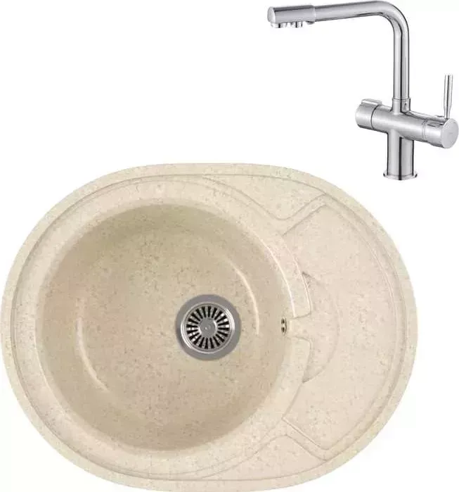 Мойка кухонная и смеситель GREENSTONE и смеситель GRS-18k-328 Haiba HB70088 с сифоном, бежевая