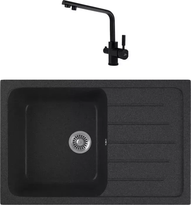 Мойка кухонная и смеситель GREENSTONE и смеситель GRS-76-343 Kaiser Decor 40144-9 с сифоном, антрацит