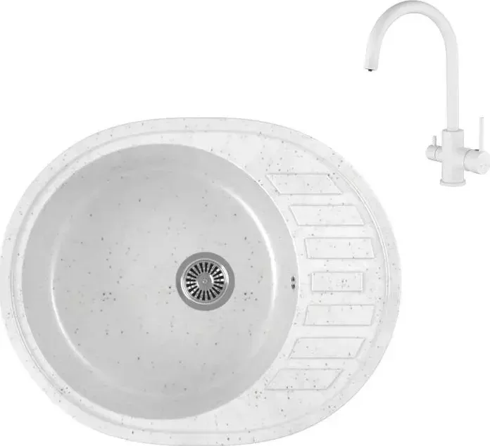 Мойка кухонная и смеситель GREENSTONE и смеситель GRS-62-331 Kaiser Merkur 26744-4 с сифоном, белая