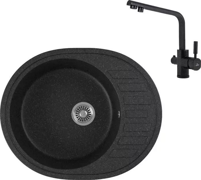 Мойка кухонная и смеситель GREENSTONE и смеситель GRS-62-308 Kaiser Deco 40144-2 с сифоном, черная