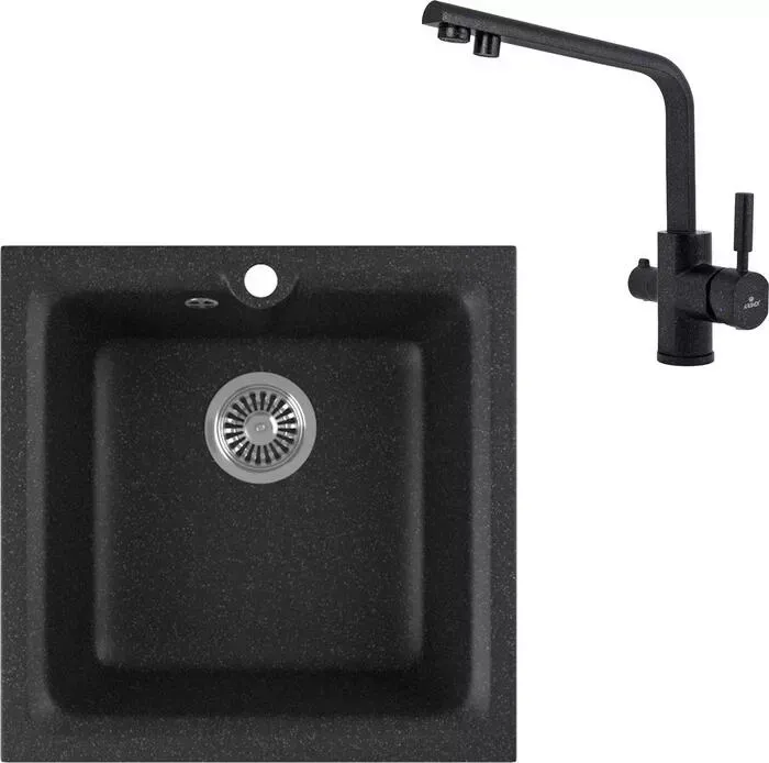 Мойка кухонная и смеситель GREENSTONE и смеситель GRS-42-308 Kaiser Deco 40144-2 с сифоном, черная